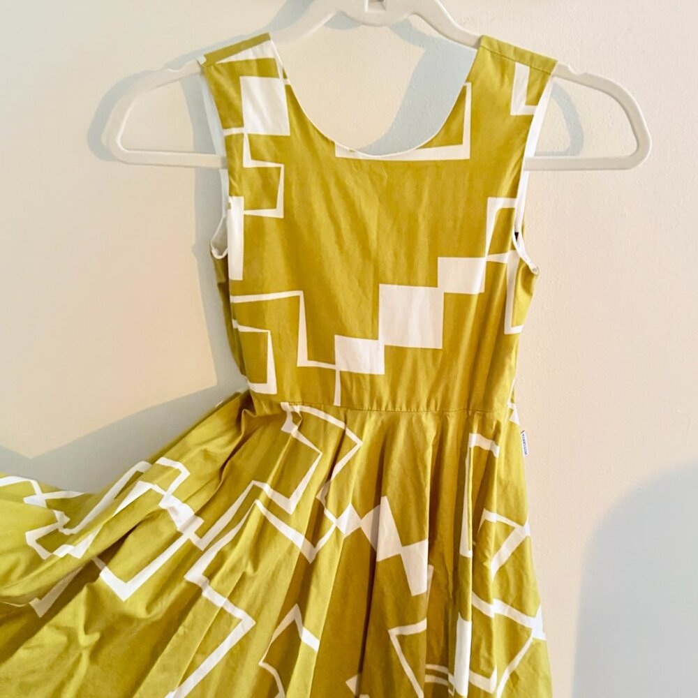 Green Motoreta Child's Dress, "Vega Dress Green & White Geometric Print"